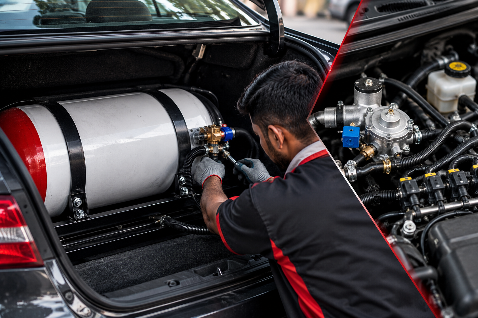 LPG and CNG gas cylinder installed in a car