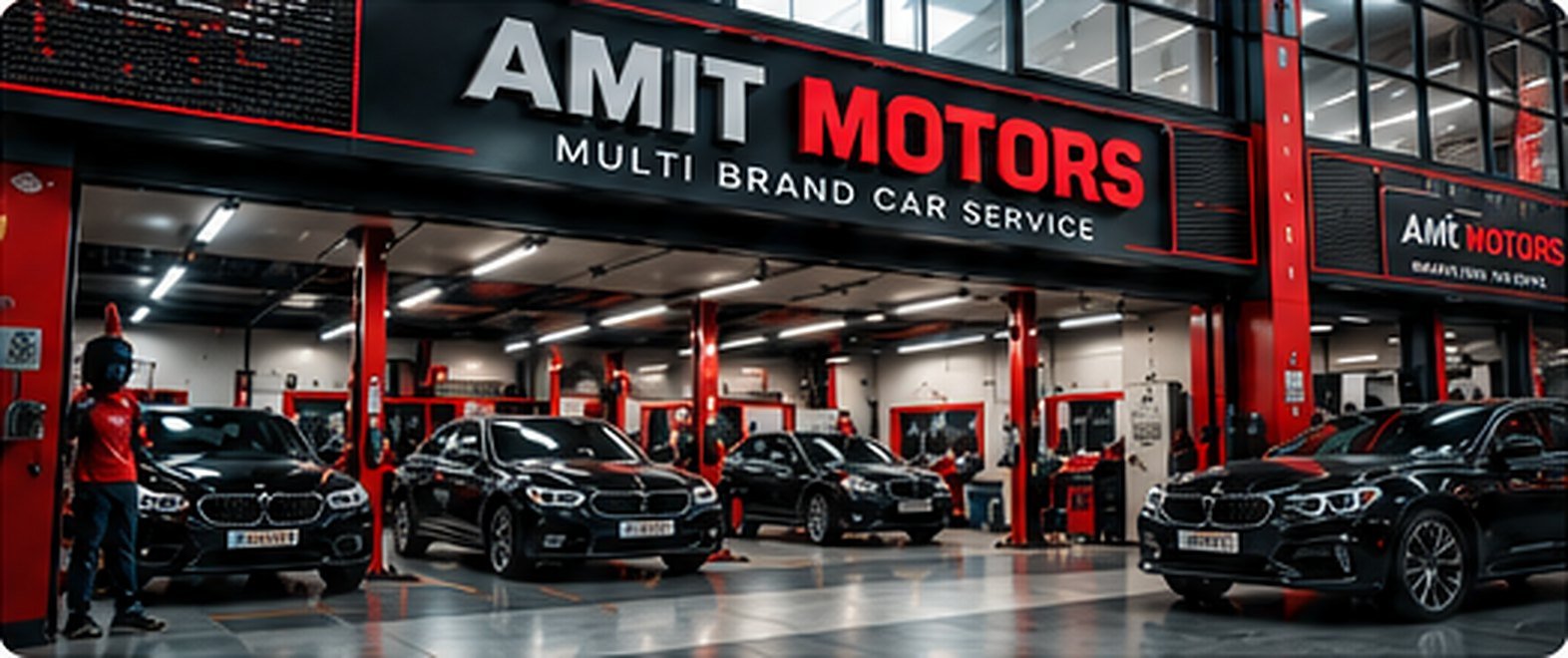 Inside the Amit Motors workshop with cars on hydraulic lifts